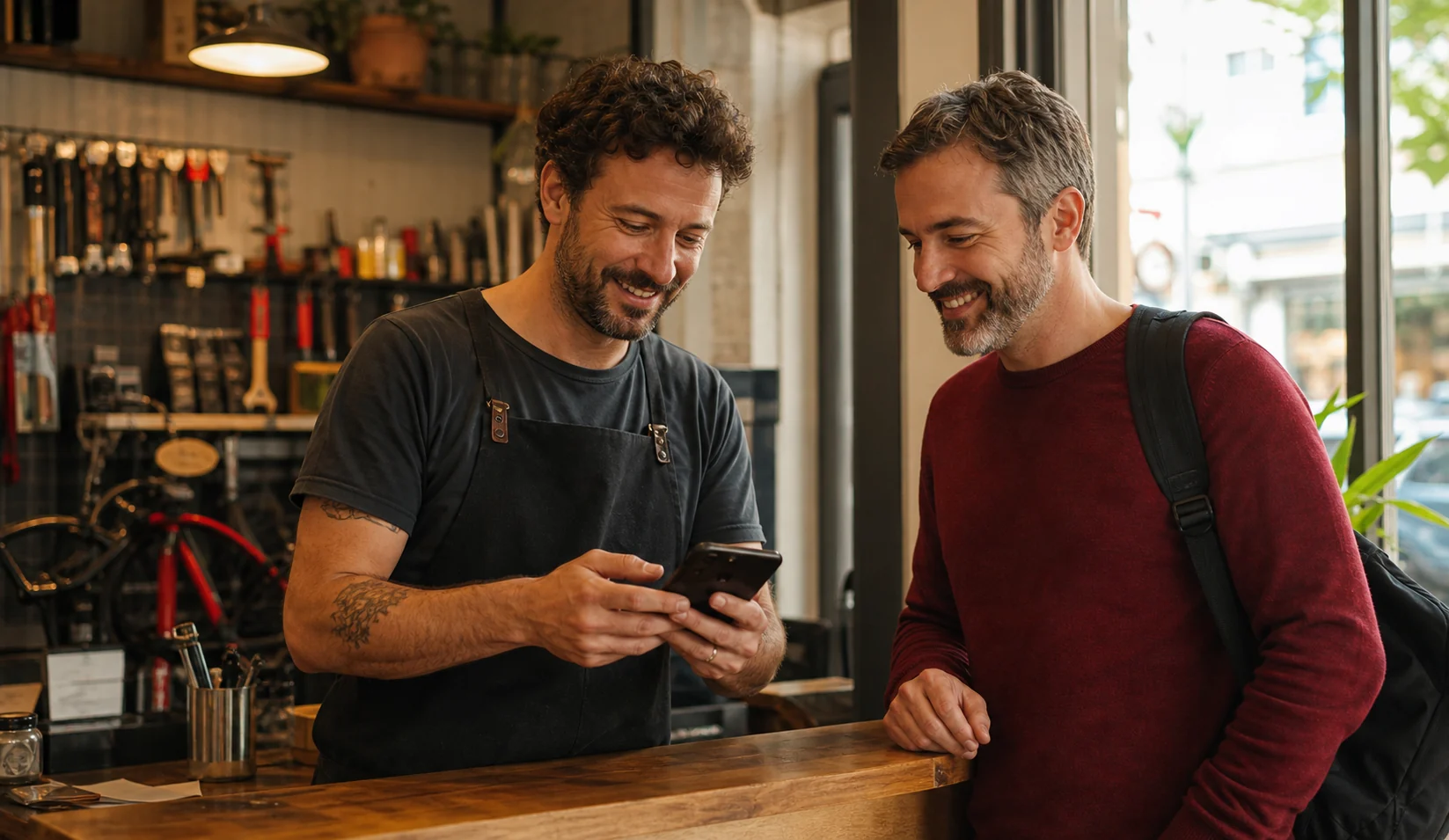 A small business owner reviewing customer feedback with a satisfied customer nearby.