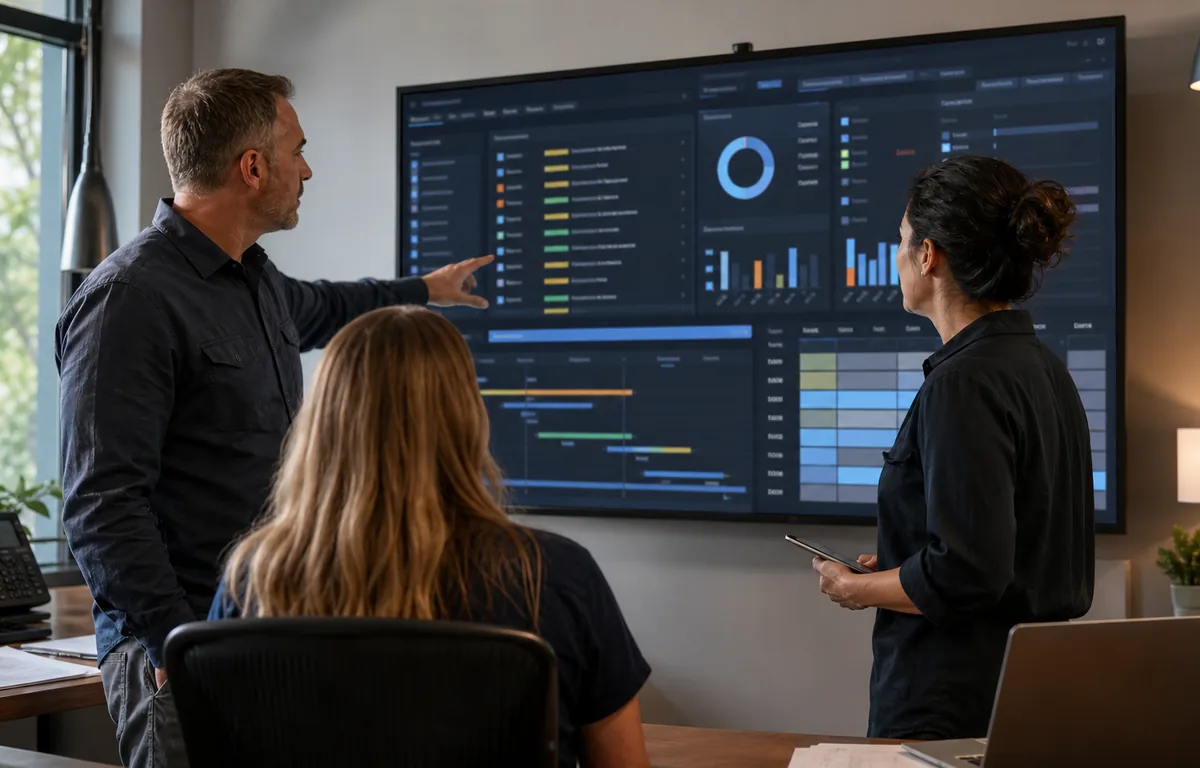 Home-service leadership reviewing schedule capacity and overflow risks.