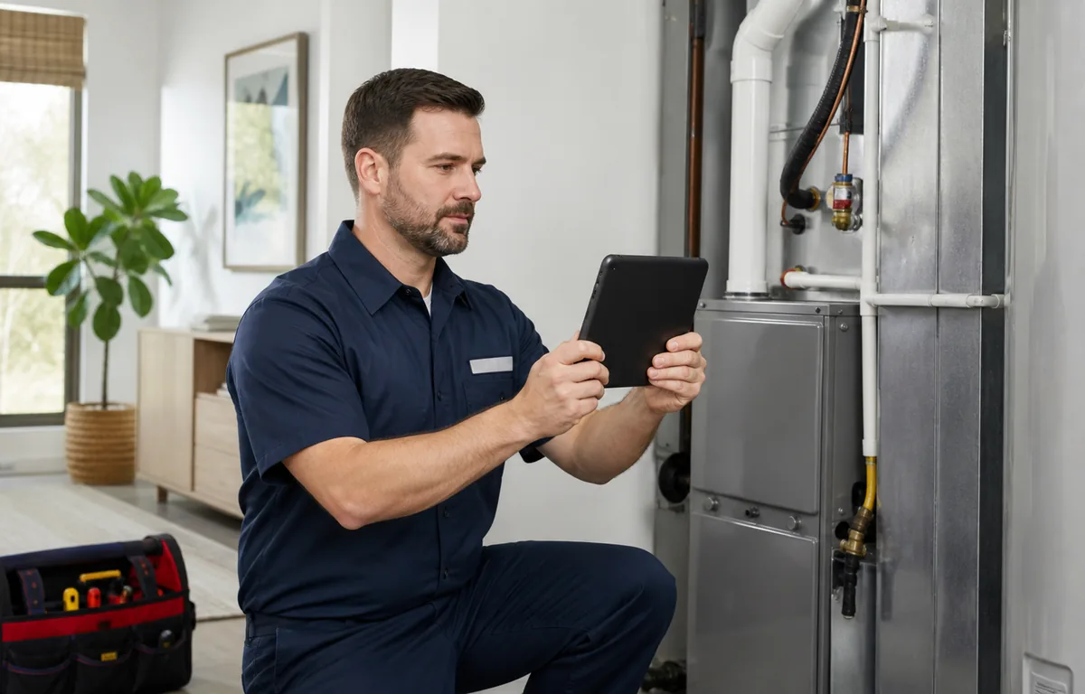 A home-service technician completing a thorough digital job record.