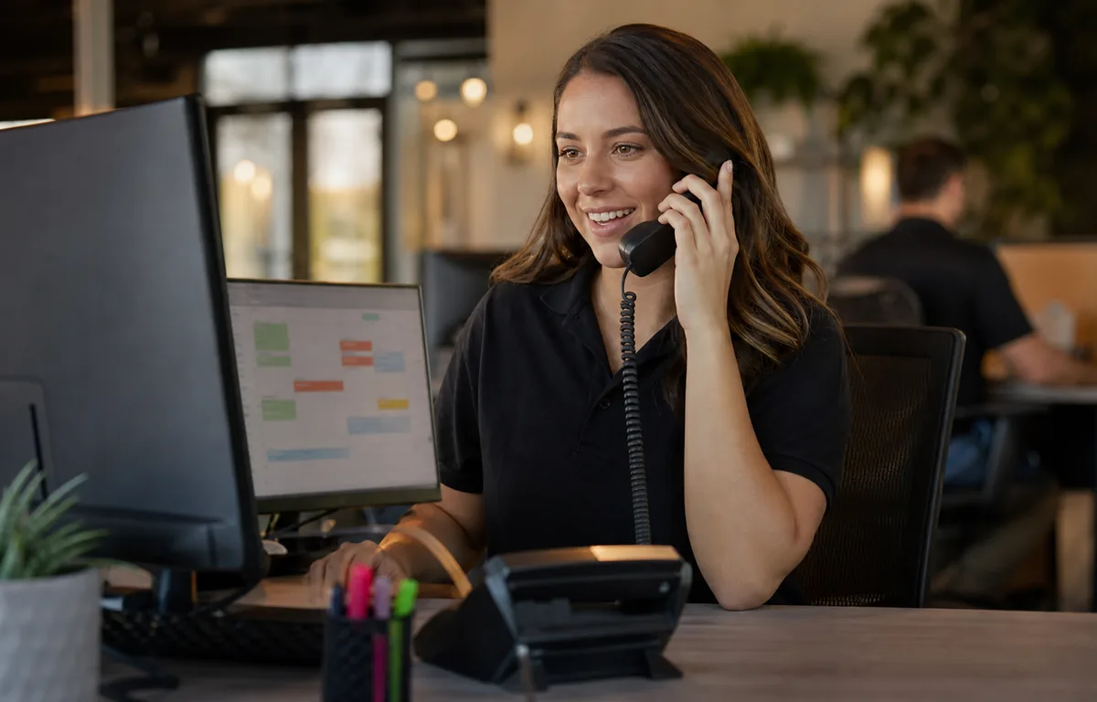 A home-service office responding immediately to a new customer request.