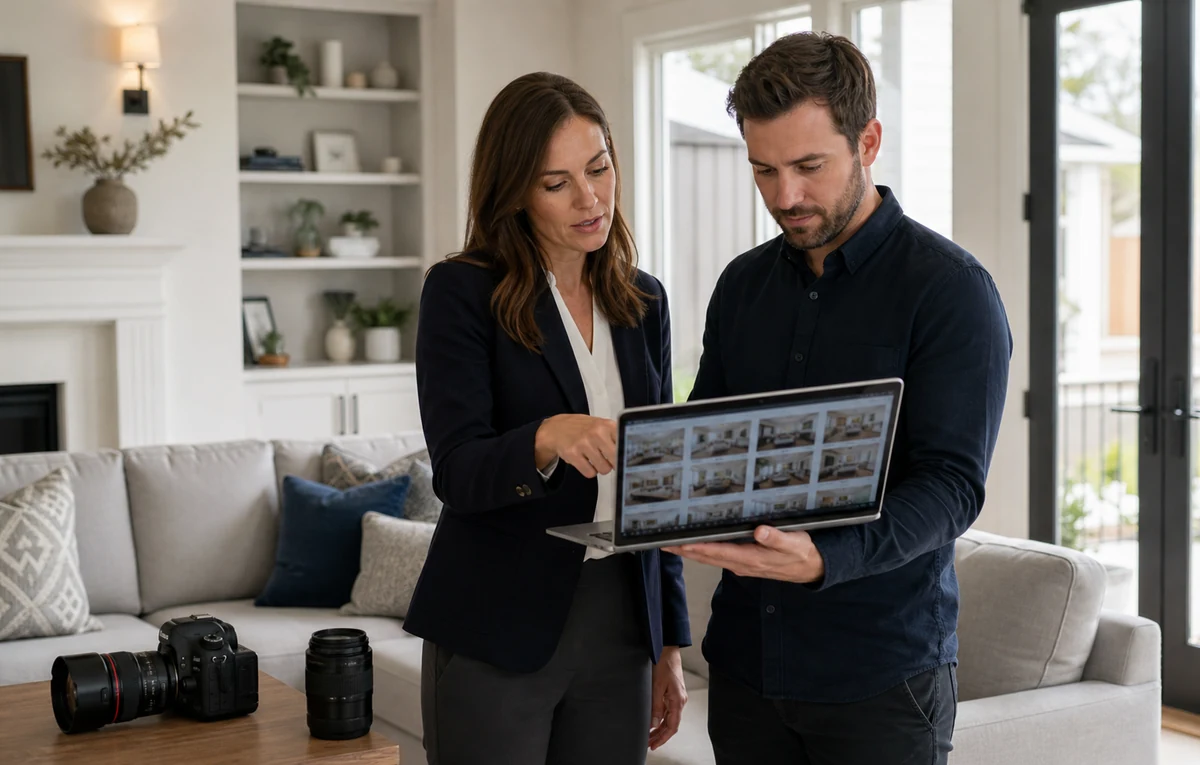Real-estate professionals working with listing photography tools.