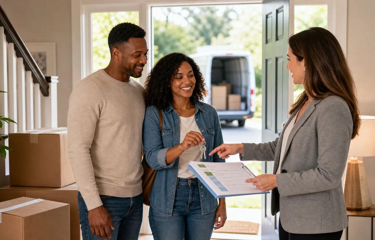 A real-estate professional helping clients prepare for closing and moving.