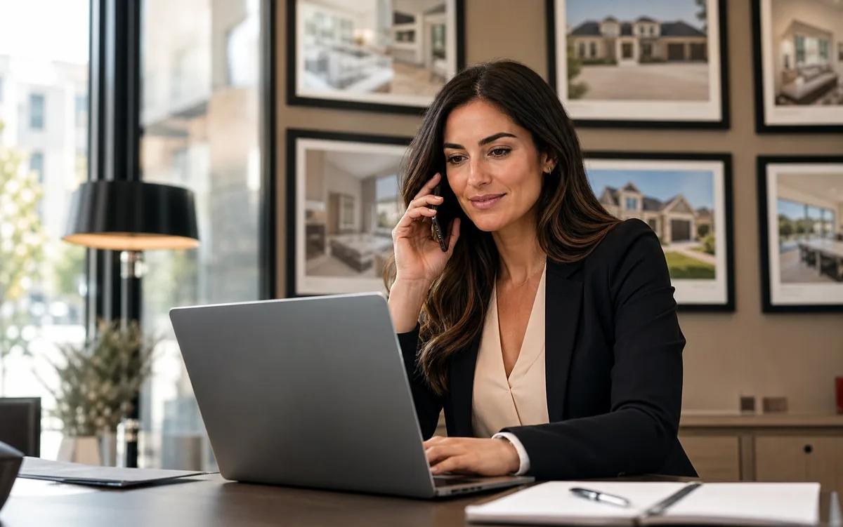 A real-estate professional responding to a new inquiry from a modern office.