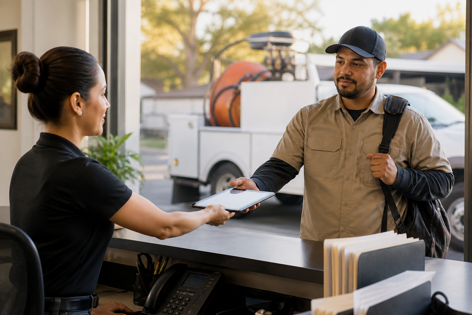 Converse office coordinator and field technician completing an AI-supported workflow handoff