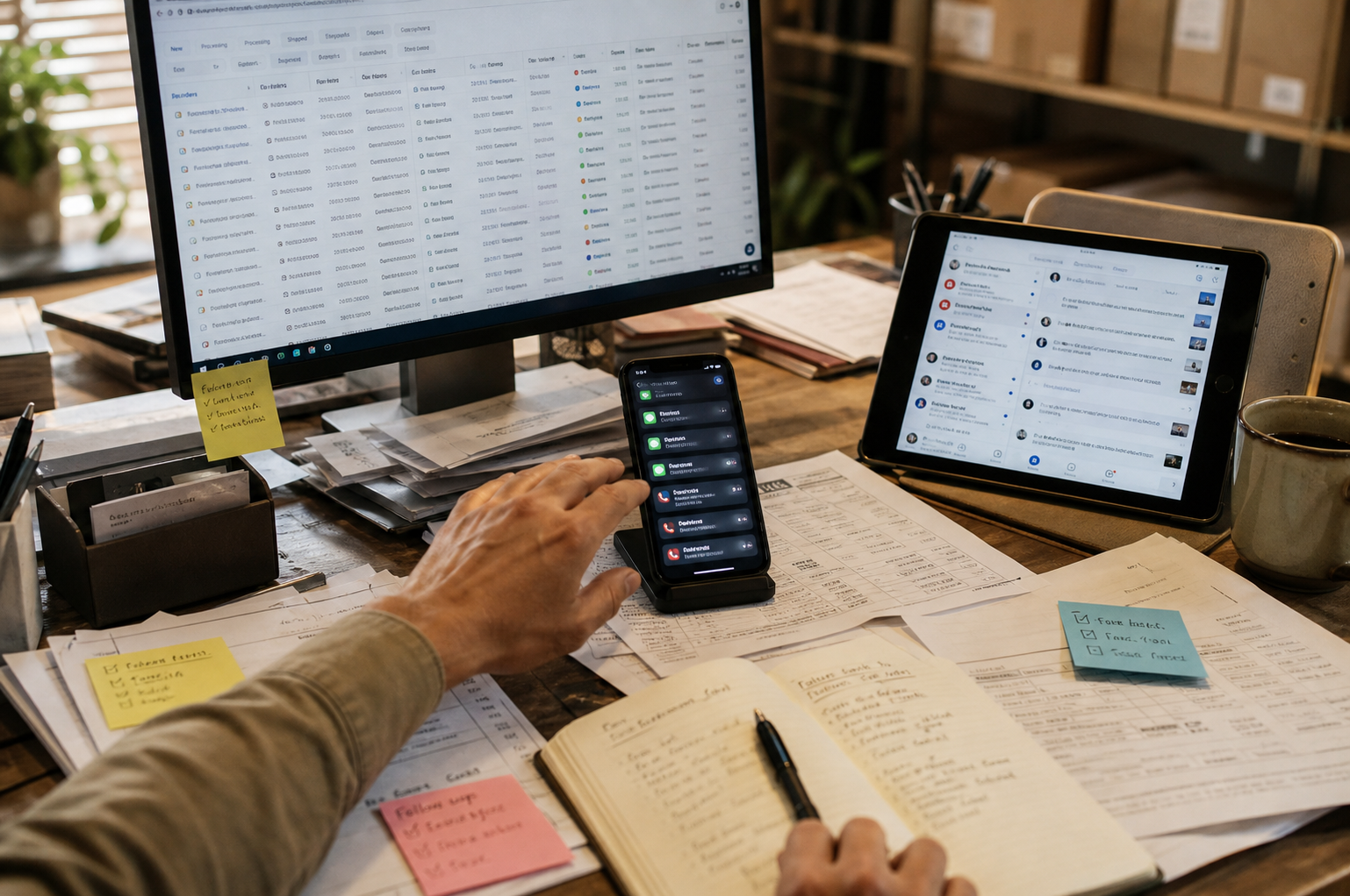 A busy Converse business desk receiving customer demand through online orders, text messages, social media, and paper requests