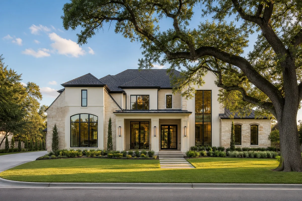 Pale limestone Grand Oak Residence behind a mature live oak